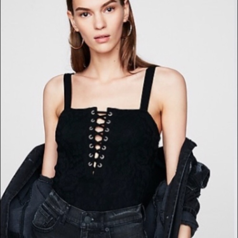 Express one eleven lace up bodysuit black lace thong bodysuit XS